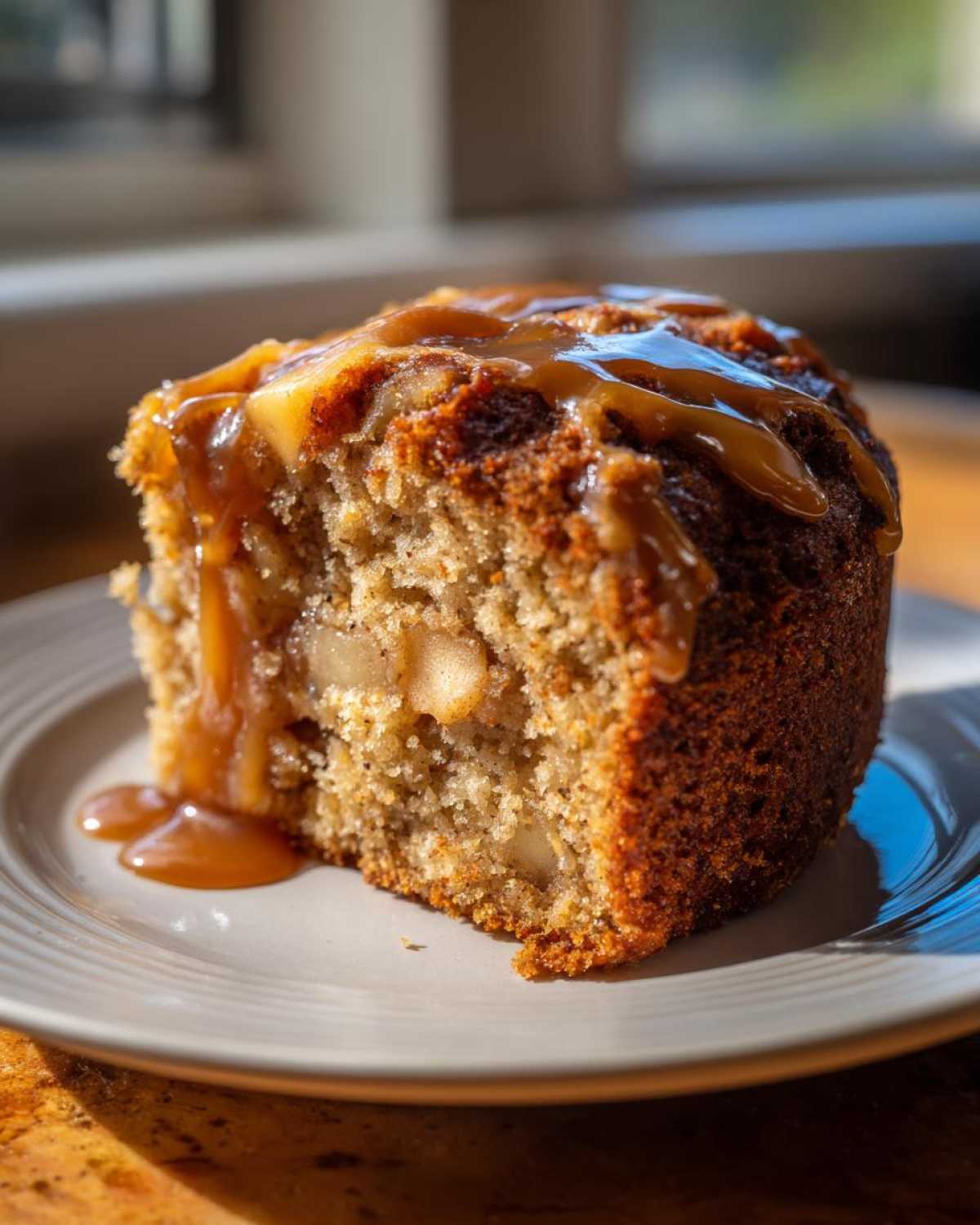 Close-up of a moist slice of apple dapple cake topped generously with dripping caramel sauce.