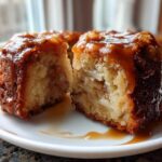 Close-up of a moist apple dapple cake slice cut in half, topped with a thick, dripping caramel glaze.