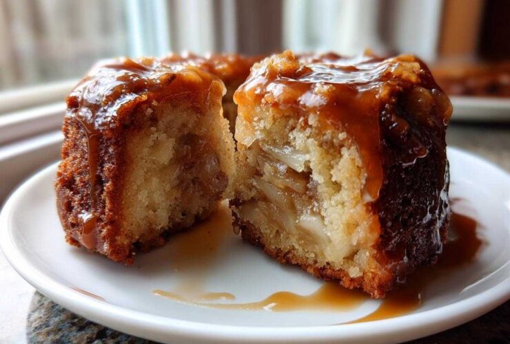 Close-up of a moist apple dapple cake slice cut in half, topped with a thick, dripping caramel glaze.