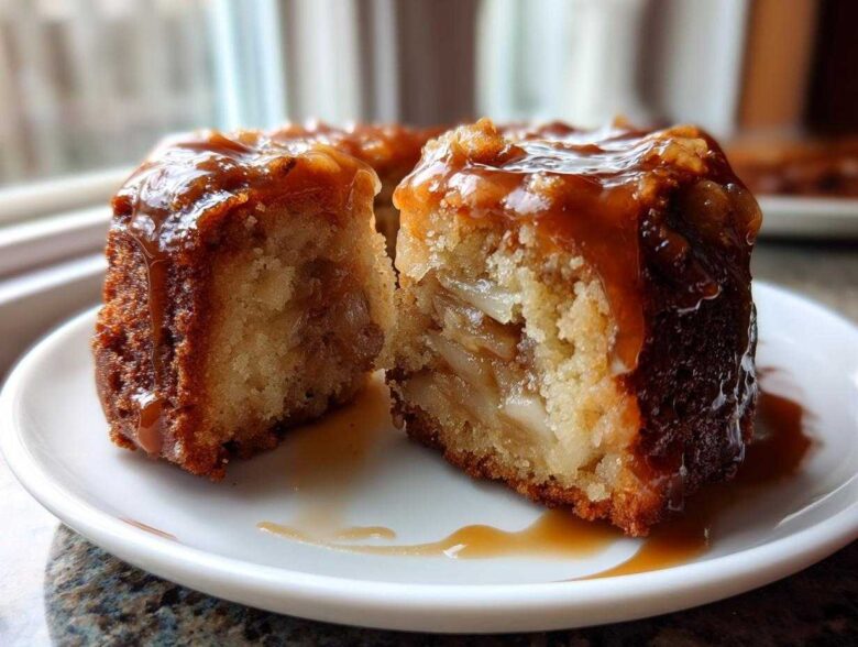 Close-up of a moist apple dapple cake slice cut in half, topped with a thick, dripping caramel glaze.