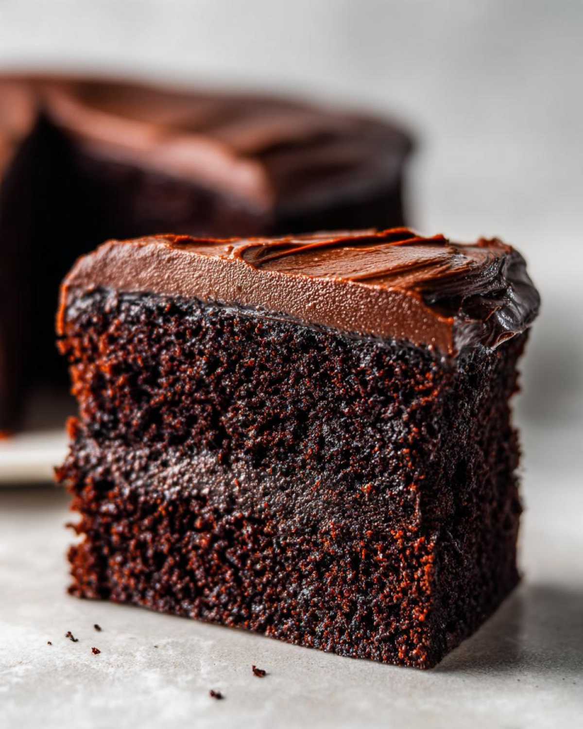 Close-up of a thick slice of moist chocolate cake topped with dark chocolate frosting.