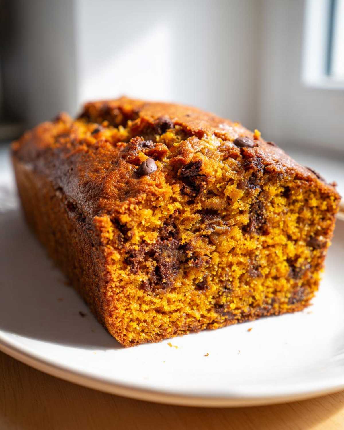 Close-up of a freshly baked, moist pumpkin bread loaf studded with chocolate chips, sitting on a white plate.