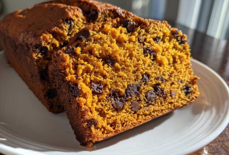 Close-up of two slices of moist pumpkin bread loaded with chocolate chips on a white plate.