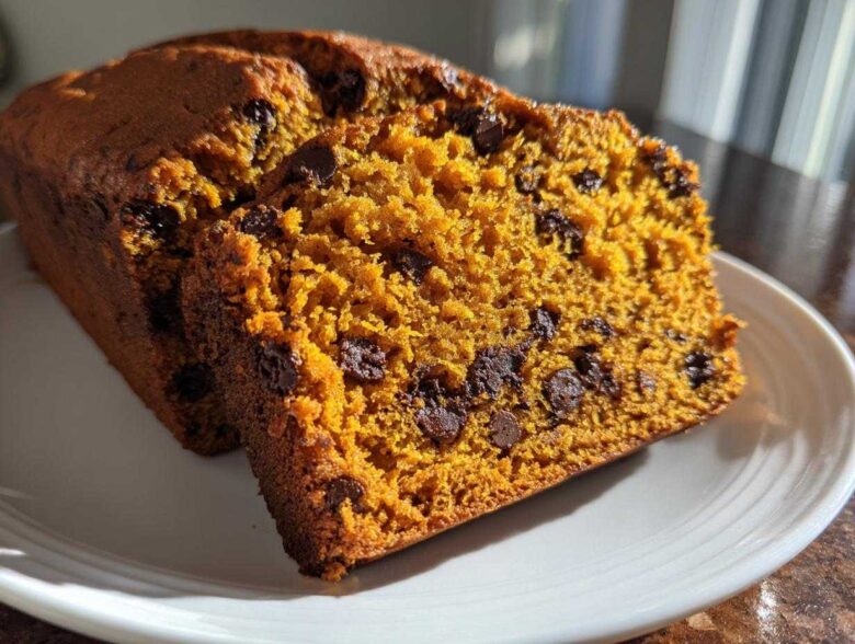 Close-up of two slices of moist pumpkin bread loaded with chocolate chips on a white plate.