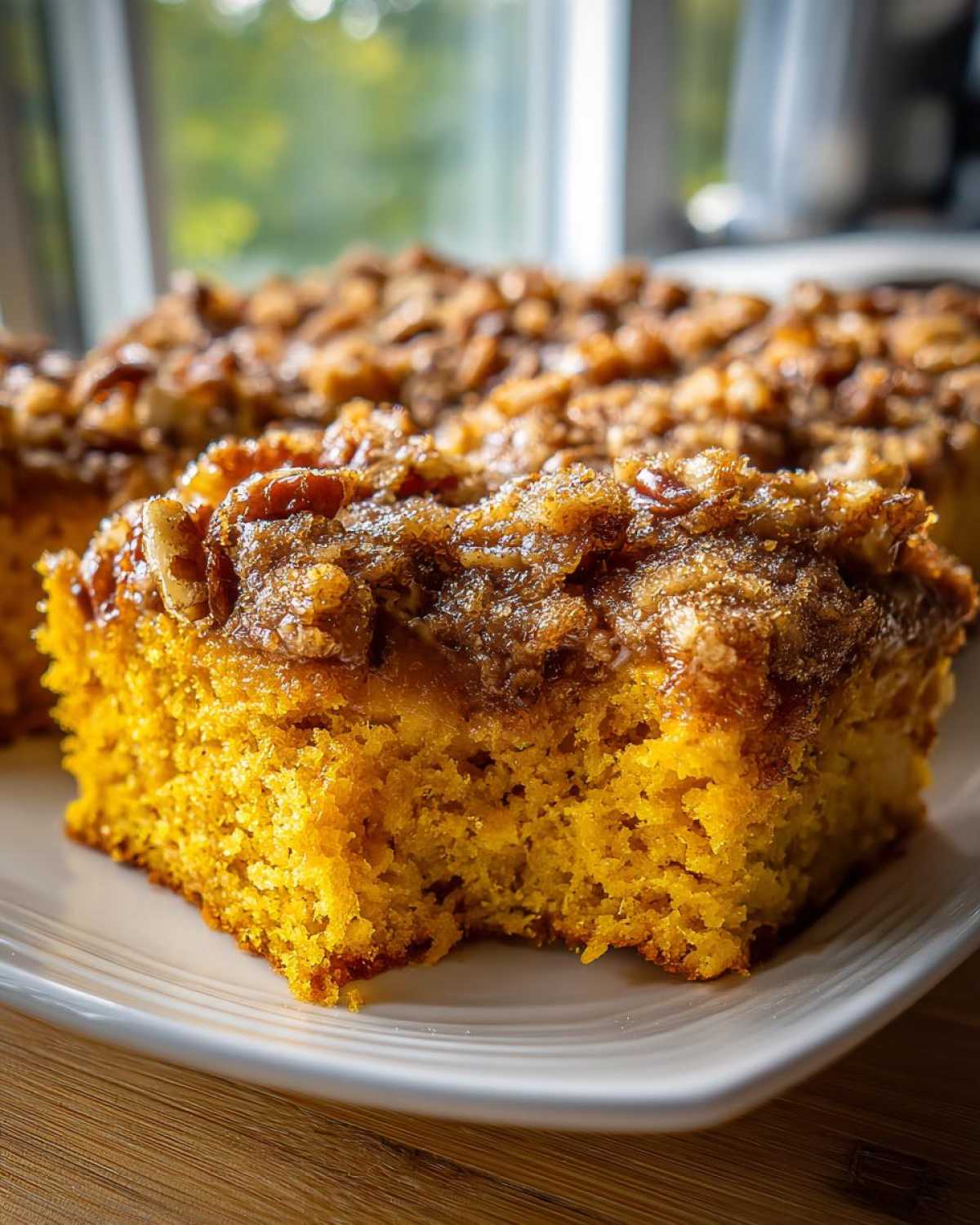 A close-up of a moist square of bright orange pumpkin crunch cake with a crunchy pecan topping.