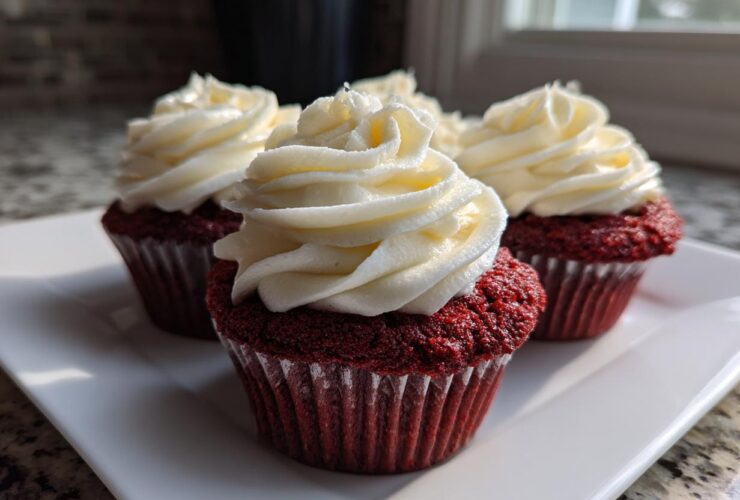 Close-up of three moist red velvet cupcakes topped with swirls of white cream cheese frosting.