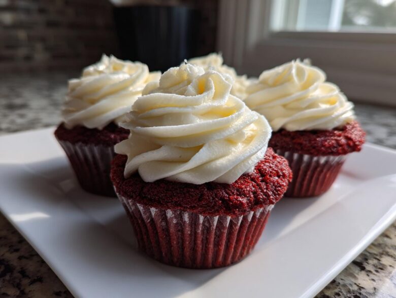 Close-up of three moist red velvet cupcakes topped with swirls of white cream cheese frosting.