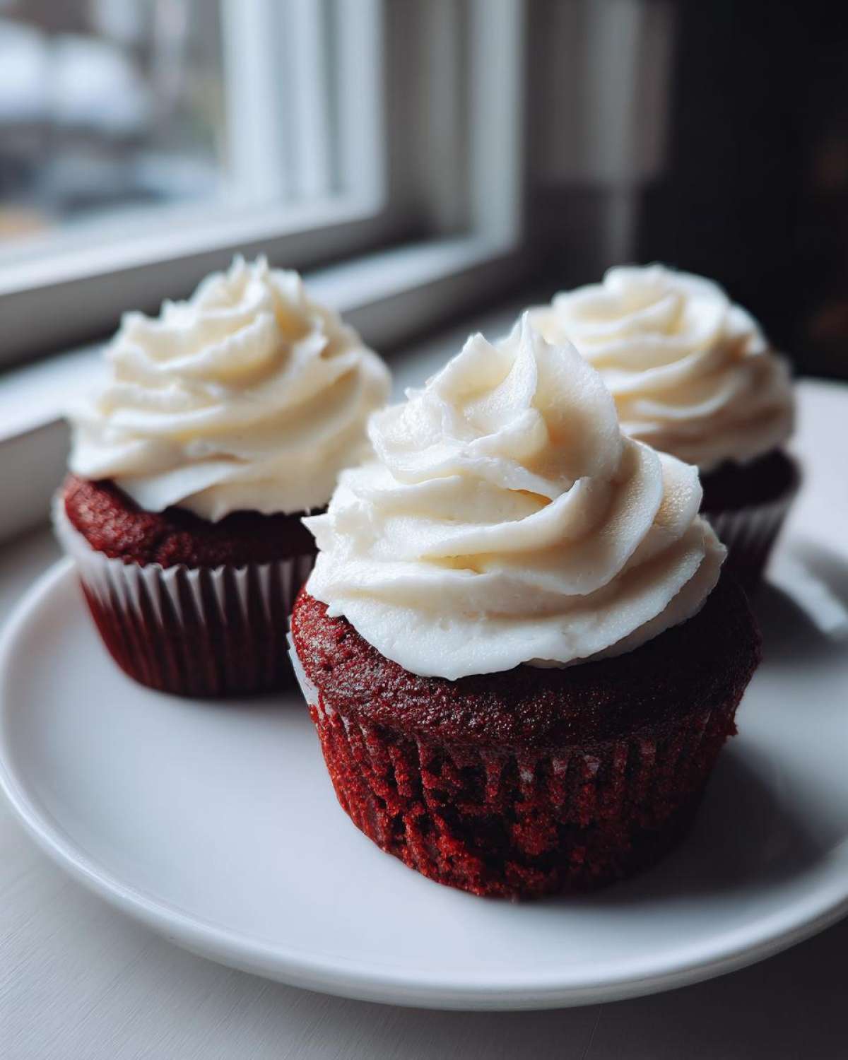 Three moist red velvet cupcakes topped with swirls of white cream cheese frosting sitting on a white plate.
