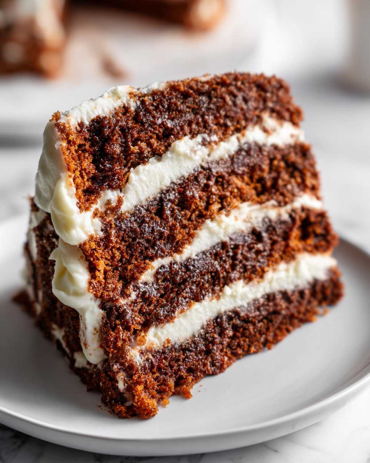 Close-up of a moist slice of three-layer spice cake with thick white cream cheese frosting layers.