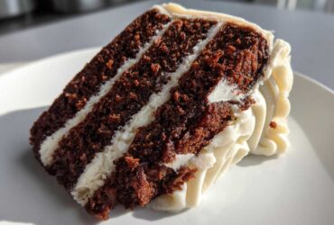 Close-up of a moist slice of three-layer spice cake with thick white frosting between layers and piped on the side.