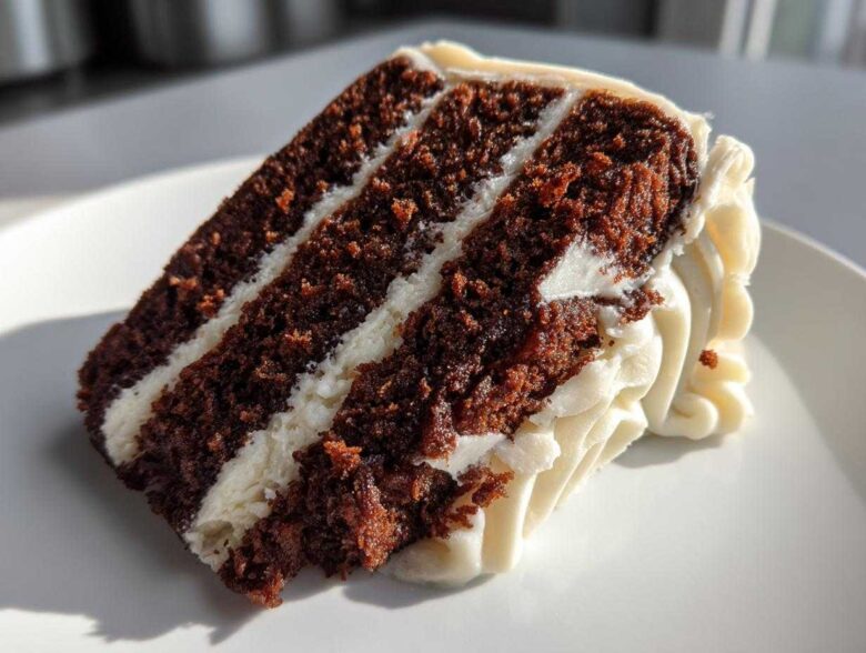 Close-up of a moist slice of three-layer spice cake with thick white frosting between layers and piped on the side.