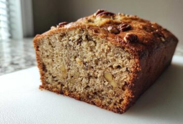 Close-up of a freshly baked loaf of sugar free banana bread, showing the moist crumb and pecan topping.