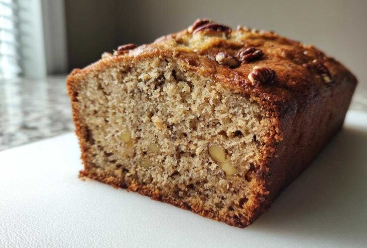 Close-up of a freshly baked loaf of sugar free banana bread, showing the moist crumb and pecan topping.