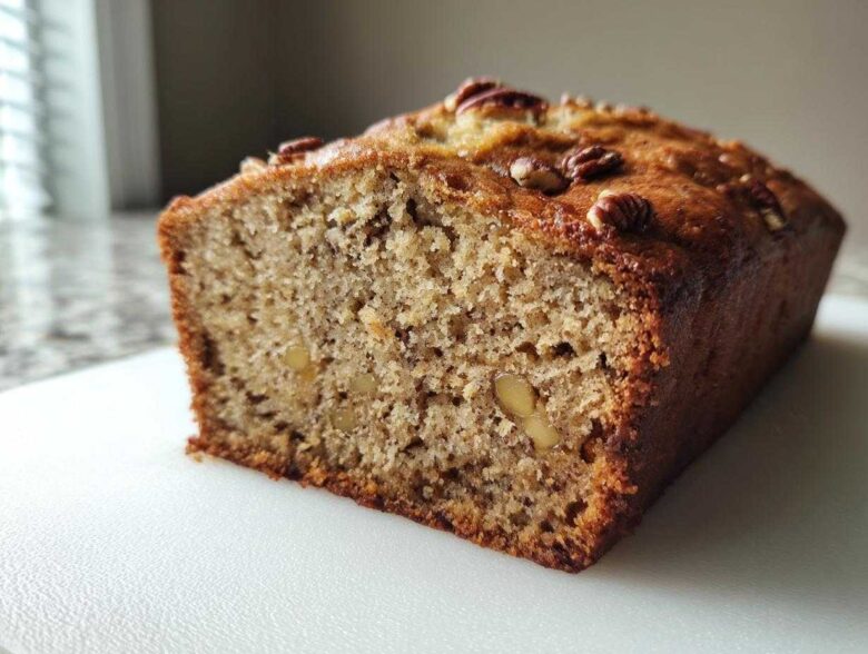 Close-up of a freshly baked loaf of sugar free banana bread, showing the moist crumb and pecan topping.