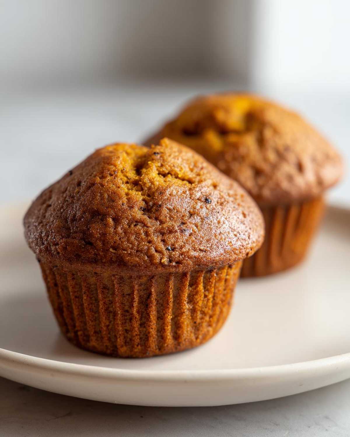 Close-up of two freshly baked, moist sweet potato muffins sitting on a light-colored plate.