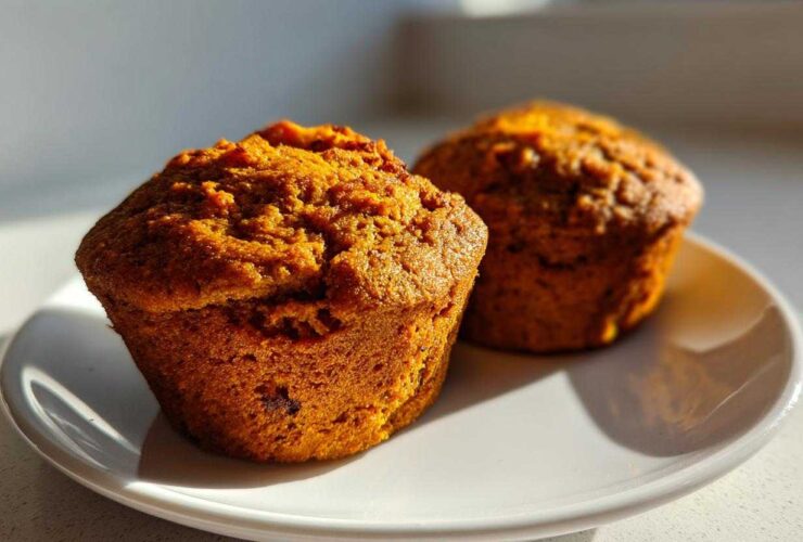 Two freshly baked, golden-brown sweet potato muffins resting on a small white plate, highlighted by sunlight.