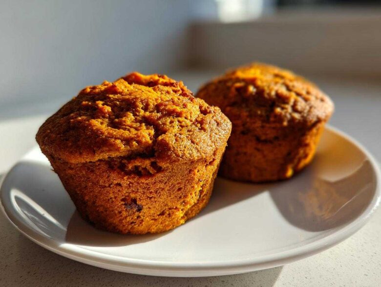 Two freshly baked, golden-brown sweet potato muffins resting on a small white plate, highlighted by sunlight.