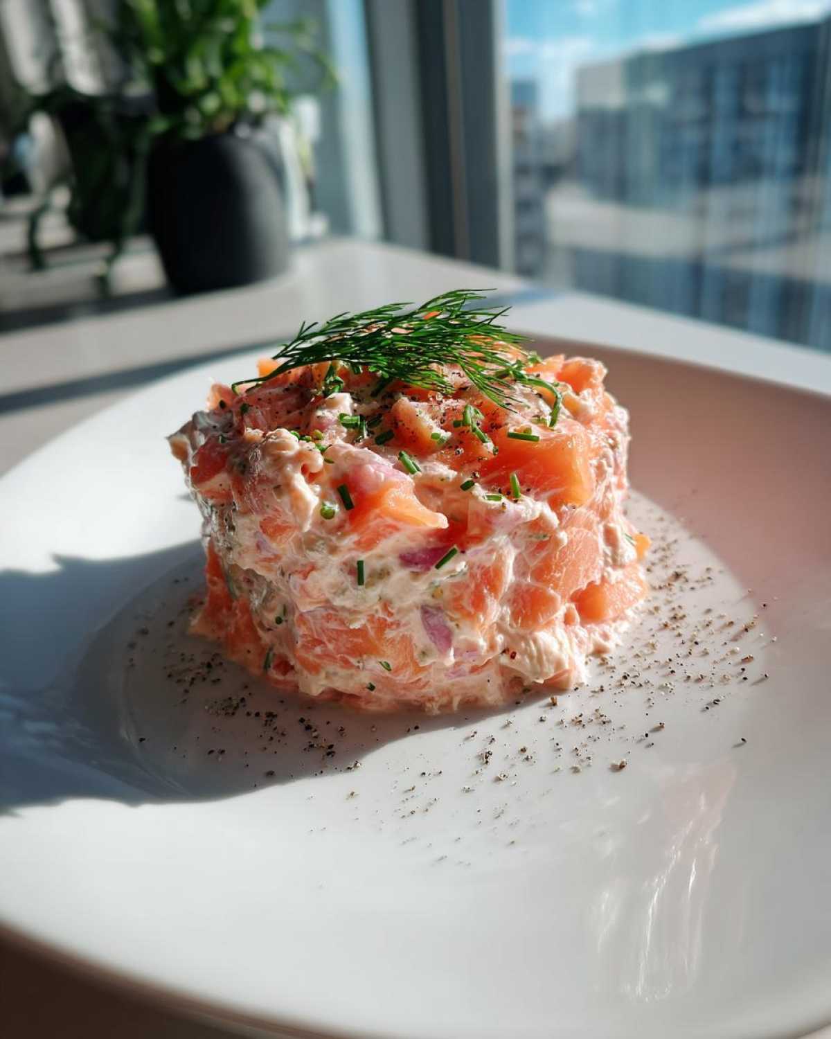 A molded portion of creamy smoked salmon dip topped with fresh dill and chives, seasoned with cracked pepper.