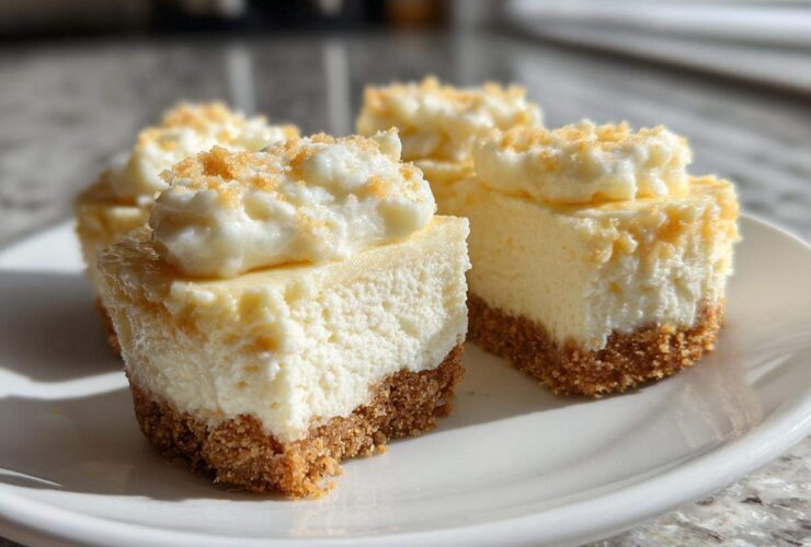 Four perfect no-bake mini cheesecake bites with graham cracker crusts and whipped topping on a white plate.