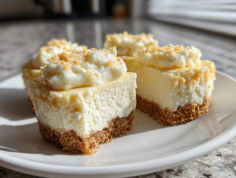 Four perfect no-bake mini cheesecake bites with graham cracker crusts and whipped topping on a white plate.