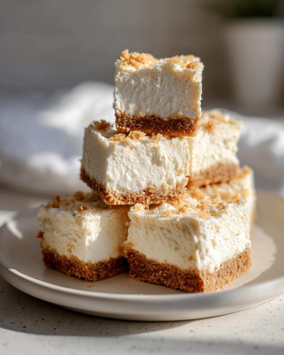 A stack of four creamy no-bake mini cheesecake bites with graham cracker crusts and crumb topping.