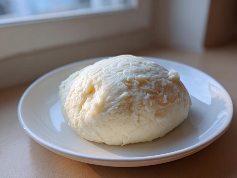 A freshly made, smooth ball of white fufu served on a small white plate, ready to eat.