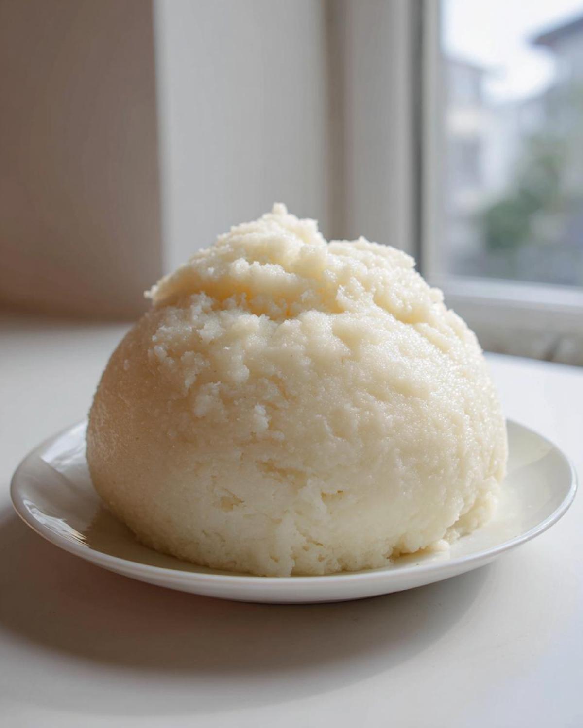 A large, smooth, white mound of freshly made fufu served on a small white plate, ready to eat.