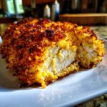 Close-up of a perfectly cooked parmesan crusted chicken breast, showing the white, juicy interior and golden-brown crust.