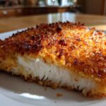 Close-up of a thick slice of parmesan crusted chicken showing the white, flaky interior and golden-brown crust.