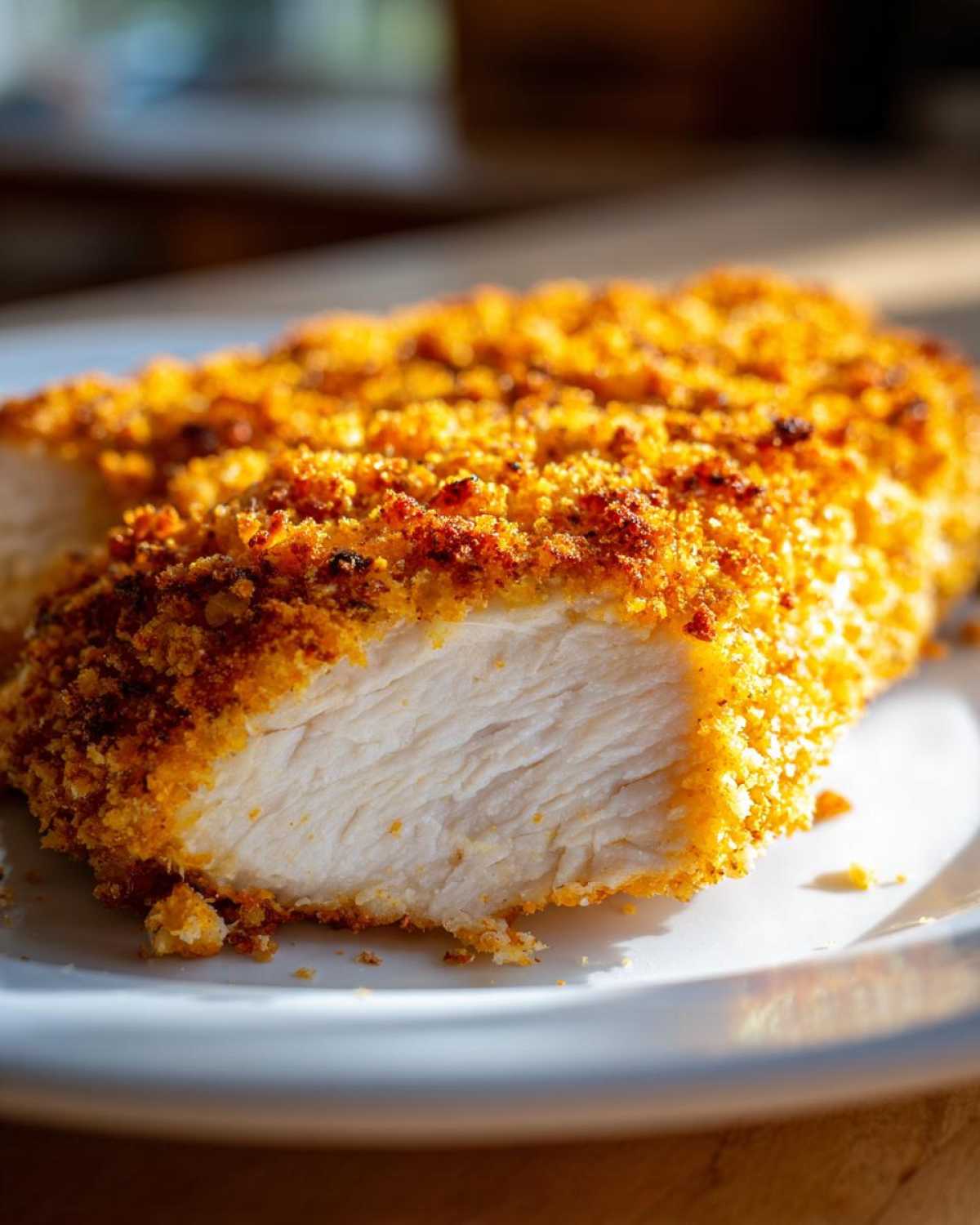 Close-up of a perfectly cooked parmesan crusted chicken breast, showing the white, juicy interior and golden crust.