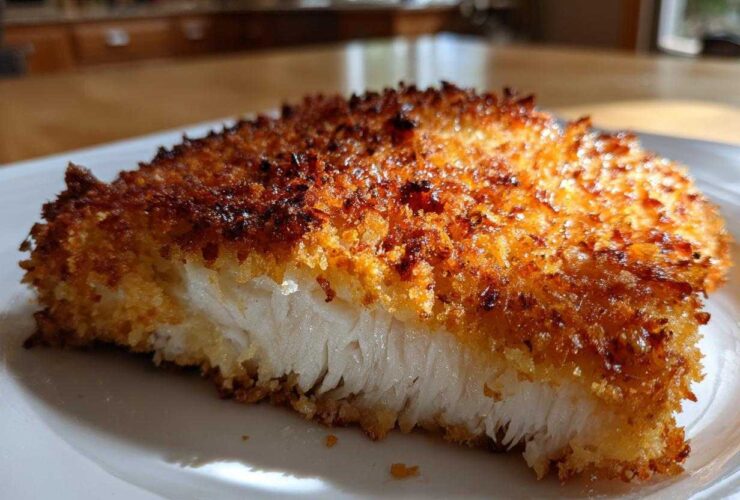 Close-up of a thick slice of parmesan crusted chicken showing the white, flaky interior and golden-brown crust.