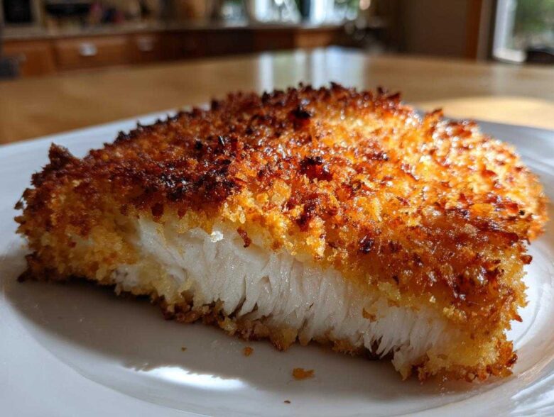 Close-up of a thick slice of parmesan crusted chicken showing the white, flaky interior and golden-brown crust.
