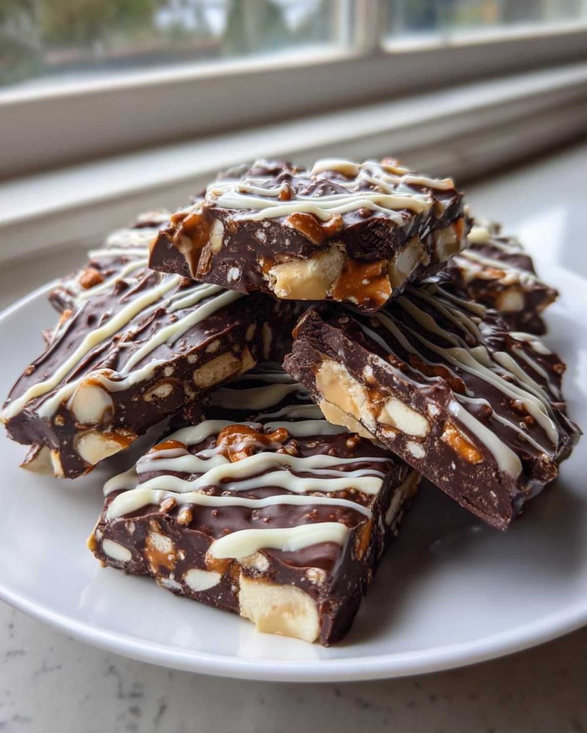 Stack of rich chocolate peanut butter pretzel bark pieces drizzled with white chocolate.