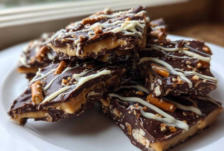 A stack of rich peanut butter pretzel bark pieces topped with dark chocolate and white chocolate drizzle.