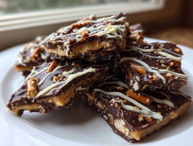 A stack of rich peanut butter pretzel bark pieces topped with dark chocolate and white chocolate drizzle.