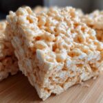 A close-up, detailed shot of a freshly cut square of peanut butter rice krispie treats showing the texture.