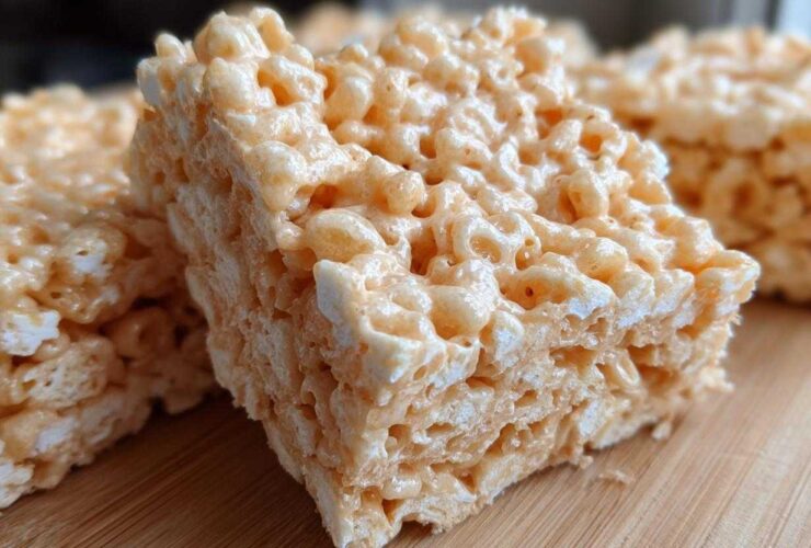A close-up, detailed shot of a freshly cut square of peanut butter rice krispie treats showing the texture.