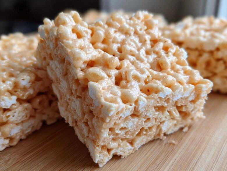 A close-up, detailed shot of a freshly cut square of peanut butter rice krispie treats showing the texture.