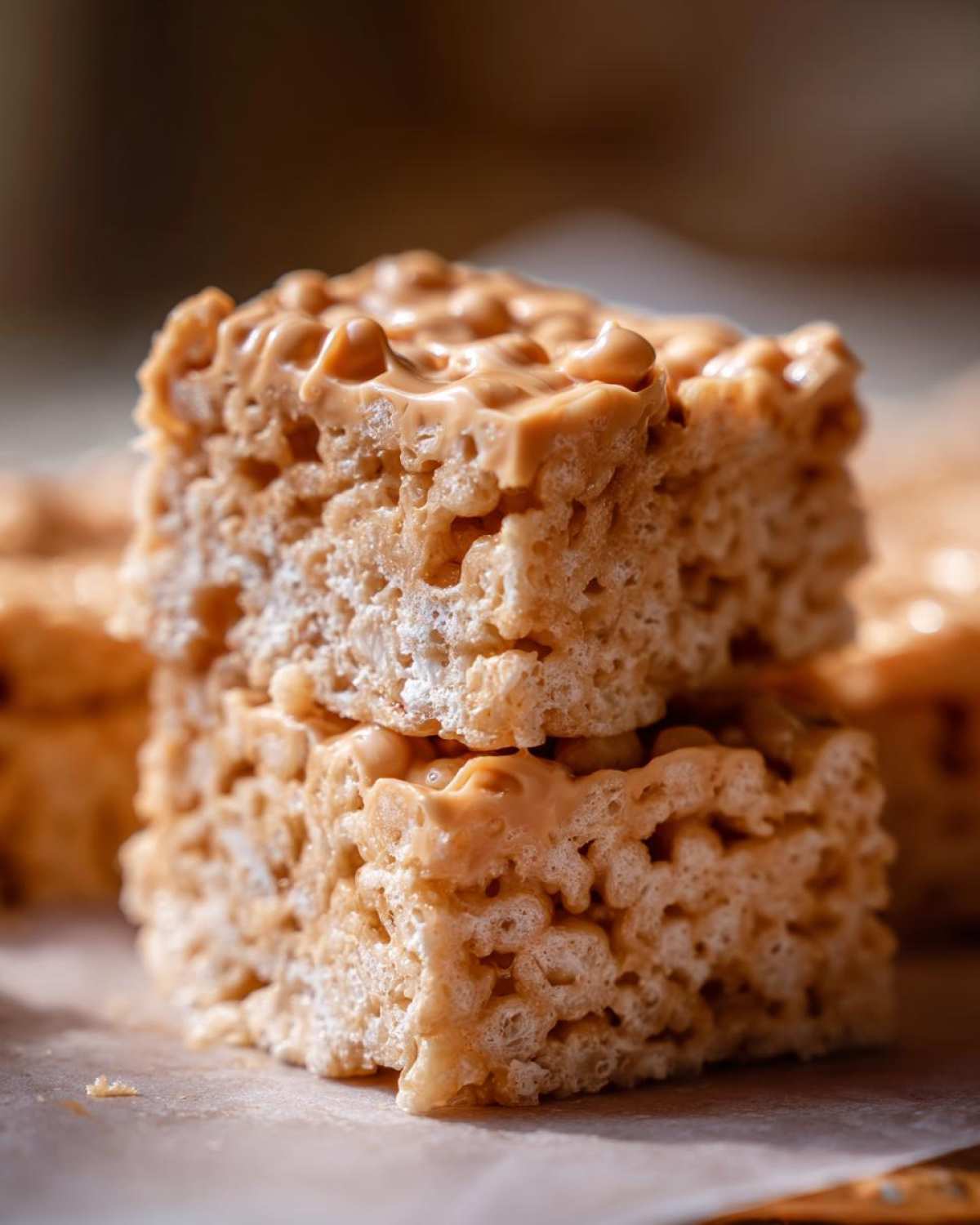 Two stacked squares of chewy peanut butter rice krispie treats, showing the texture and creamy peanut butter topping.