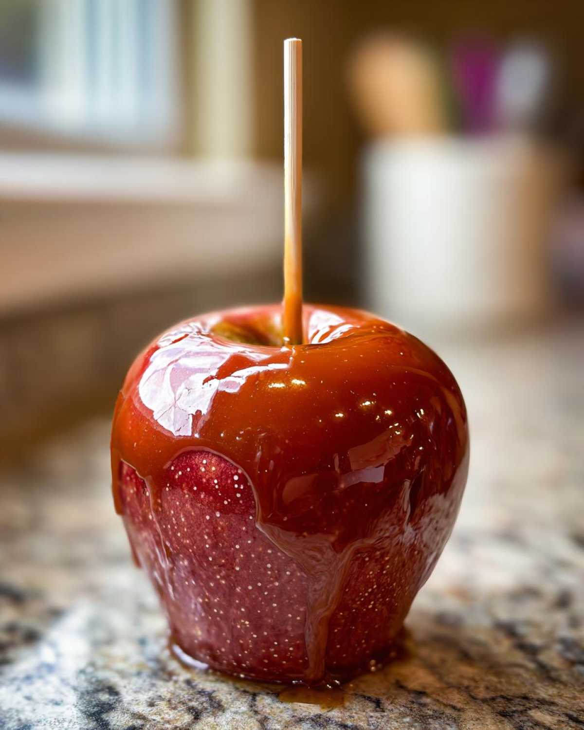 Close-up of a shiny, red caramel apple with thick caramel dripping down the sides, ready to eat.
