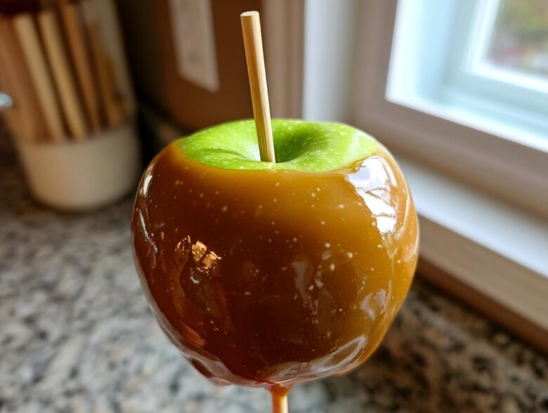 Close-up of a shiny, homemade caramel apples dipped over a bright green Granny Smith apple with a wooden stick inserted.