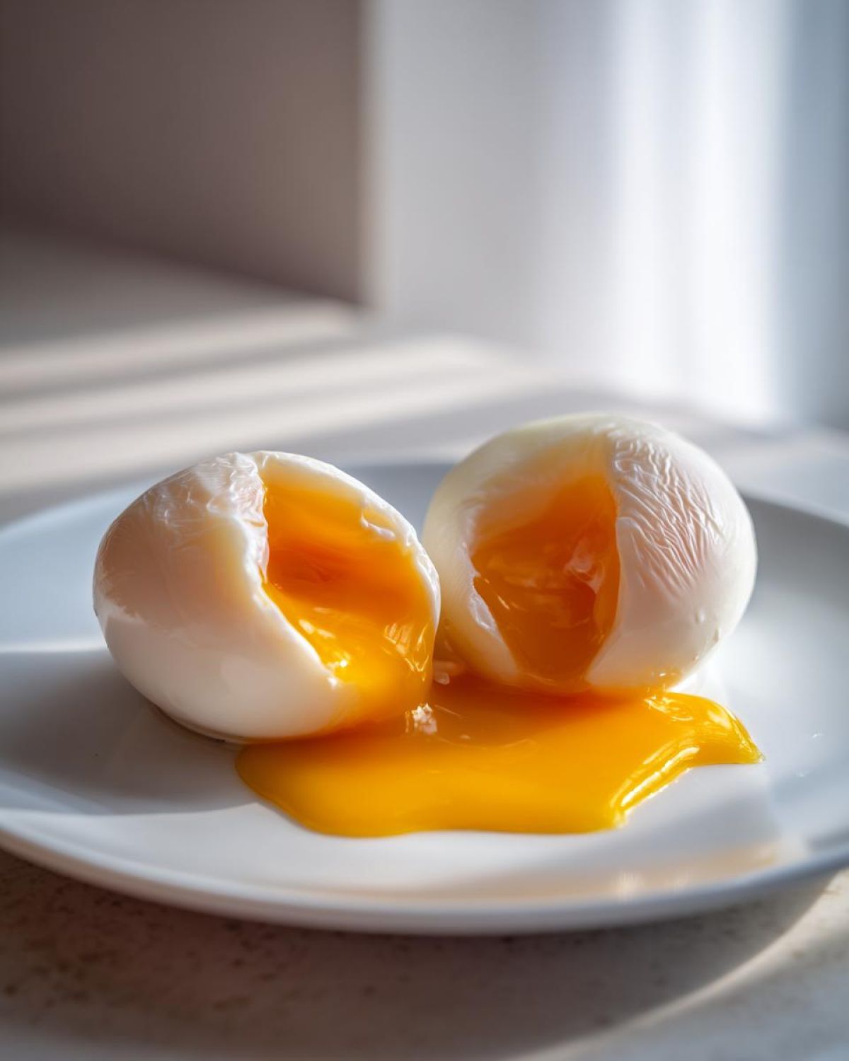 Two perfectly poached eggs cut open on a white plate, showing bright orange runny yolks spilling out.
