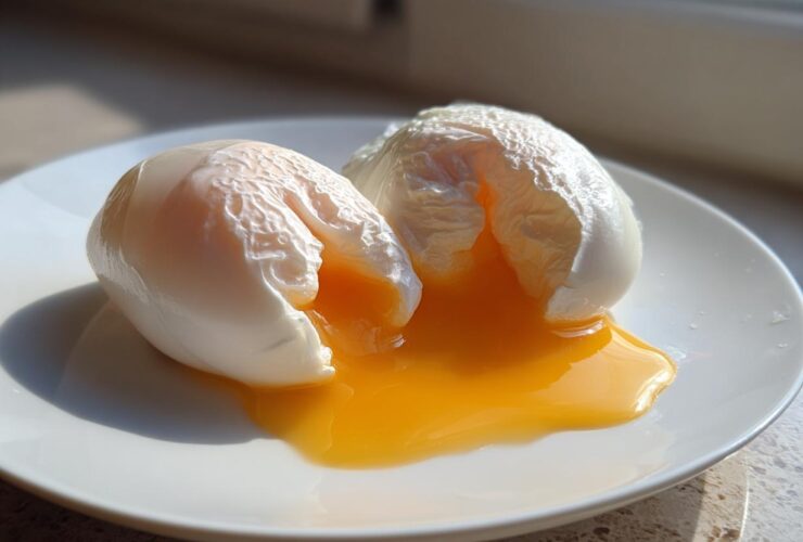Two perfectly poached eggs, cut open to reveal bright orange, runny yolks spilling onto a white plate.