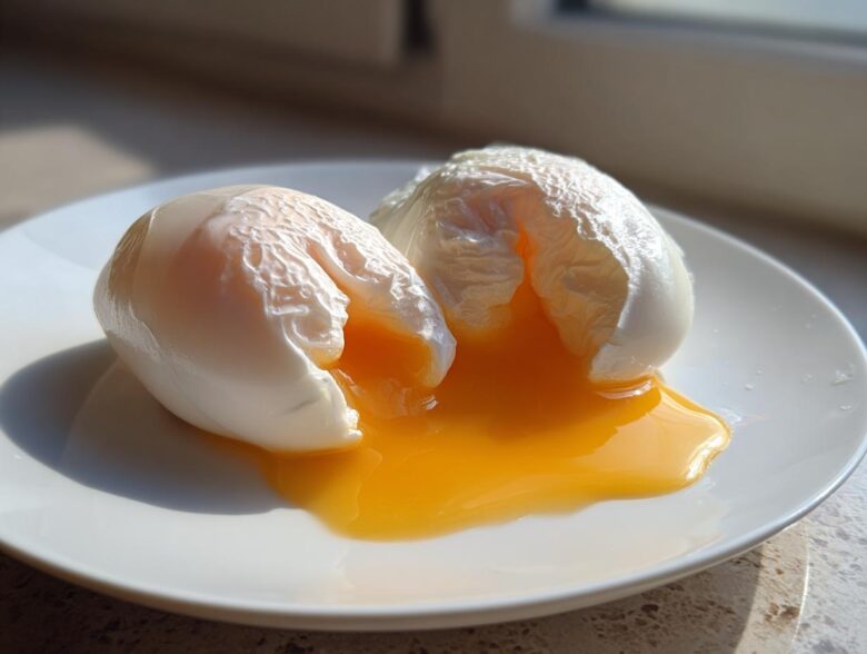 Two perfectly poached eggs, cut open to reveal bright orange, runny yolks spilling onto a white plate.