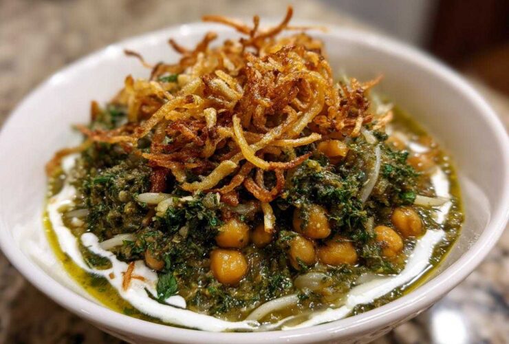 A close-up of a bowl of rich, green persian noodle soup topped with chickpeas, fried onions, and a swirl of white yogurt.
