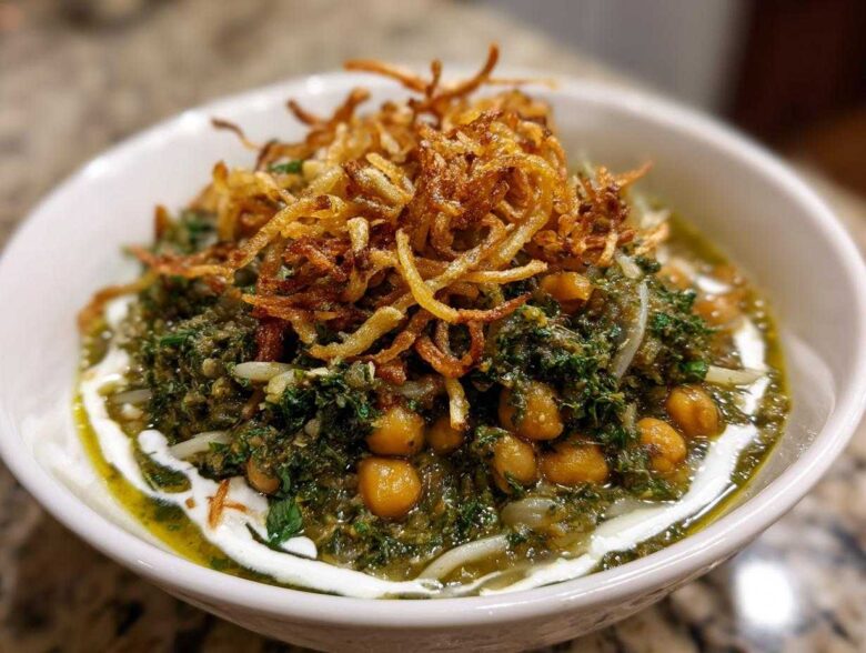 A close-up of a bowl of rich, green persian noodle soup topped with chickpeas, fried onions, and a swirl of white yogurt.
