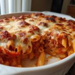 Close-up of a baked pizza pasta casserole in a white dish, featuring penne pasta, rich tomato sauce, and a bubbly, browned mozzarella cheese topping.