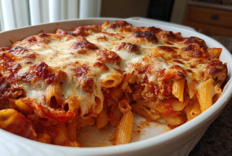 Close-up of a baked pizza pasta casserole in a white dish, featuring penne pasta, rich tomato sauce, and a bubbly, browned mozzarella cheese topping.