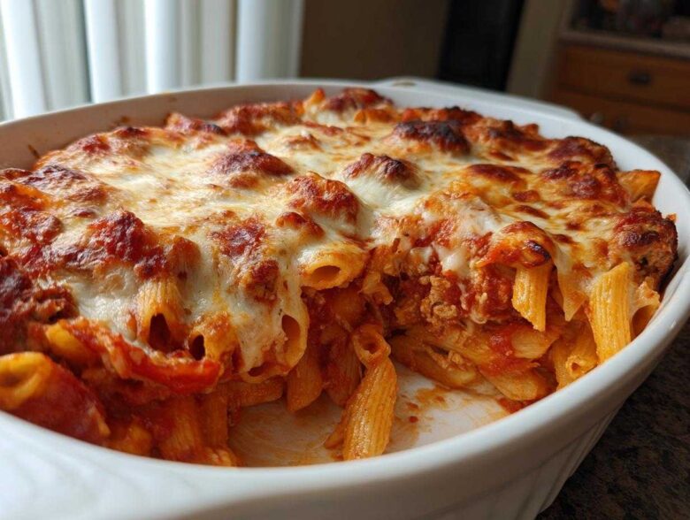 Close-up of a baked pizza pasta casserole in a white dish, featuring penne pasta, rich tomato sauce, and a bubbly, browned mozzarella cheese topping.