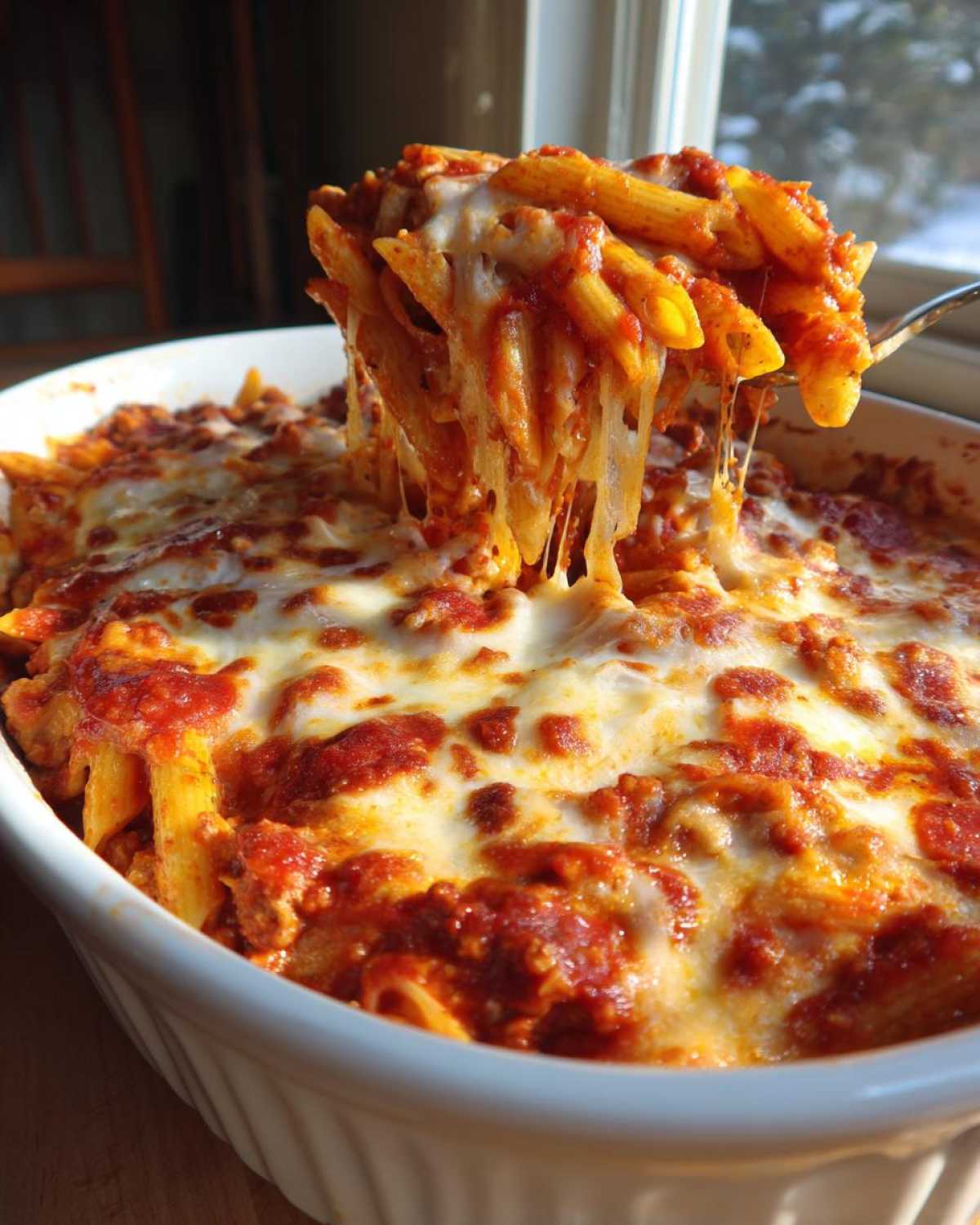 A spoonful of cheesy pizza pasta being lifted from a white baking dish, showing long cheese pulls.